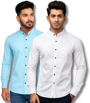 CROWNTAIL Men Solid Casual Light Blue, White Shirt(Pack of 2)
