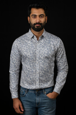 AMERICAN SKY Men Floral Print Casual White, Light Blue Shirt