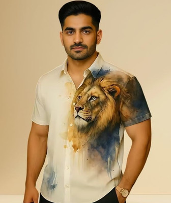 THEBROSSCO Men Animal Print Casual Cream Shirt