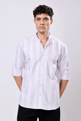 Stylox Men Striped Casual Grey, White Shirt