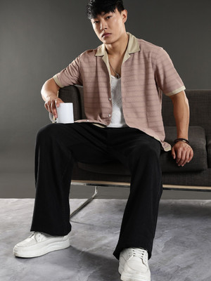 Eszett Men Self Design, Striped Casual Pink Shirt
