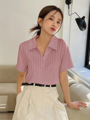 StreetWardrobe Women Self Design Casual Pink Shirt