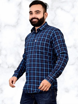 HouseOfCommon Men Checkered Casual Dark Blue, Blue Shirt