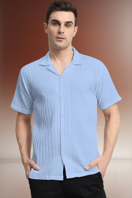 A DEEMOON TREND Men Self Design Casual Light Blue Shirt