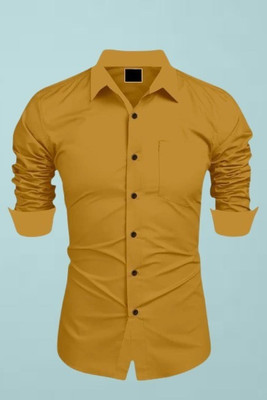 MUMIN Men Solid Formal Yellow Shirt