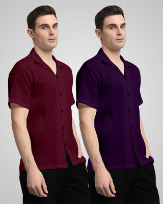 HEMAS LIFESTYLE Men Self Design Casual Maroon, Purple Shirt(Pack of 2)