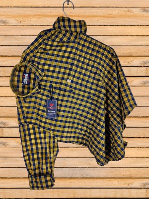 Elanpro Men Checkered Casual Yellow, Dark Blue Shirt