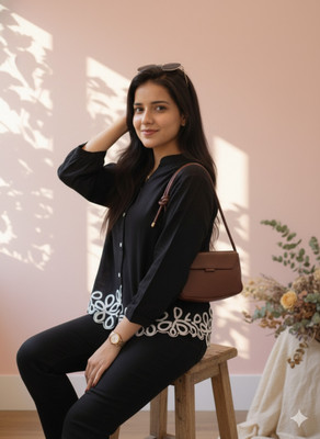 Aaisha Exim Women Embroidered Casual Black Shirt