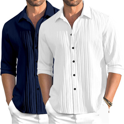 OXXOM Men Self Design Casual Dark Blue, White Shirt(Pack of 2)
