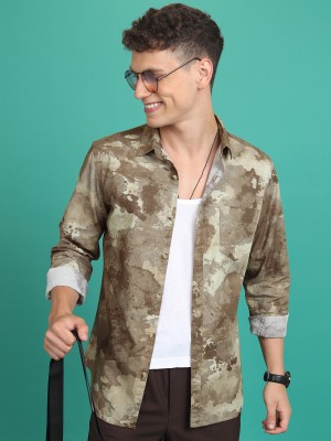 HIGHLANDER Men Printed Casual Beige, Brown Shirt