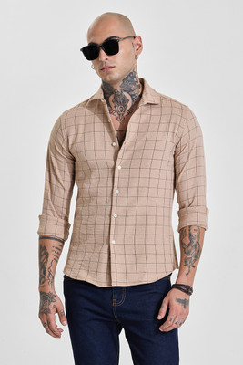 Snitch Men Checkered Casual Beige Shirt