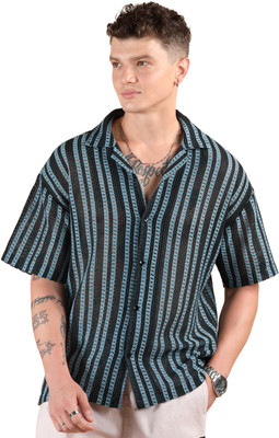 BEYOUNG Men Striped Casual Blue, Black Shirt
