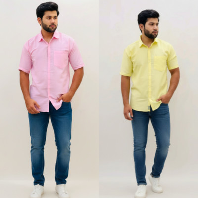 SAH TEXTILES Men Solid Casual Pink, Yellow Shirt(Pack of 2)