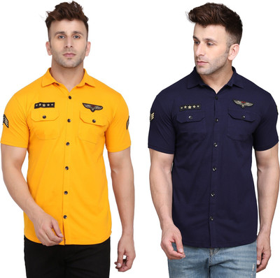 Blisstone Men Solid Casual Dark Blue, Yellow Shirt(Pack of 2)
