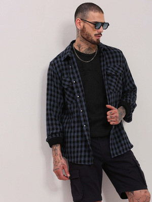 SHOWOFFFF Men Checkered Casual Dark Blue Shirt