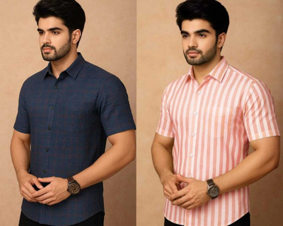FIVRSTARFASHION Men Striped Casual Blue, Red Shirt(Pack of 2)