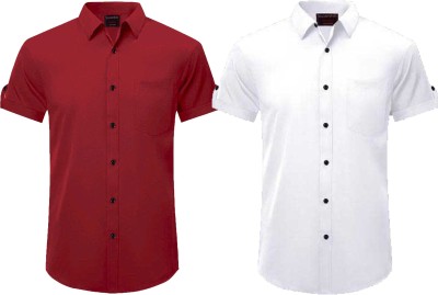 OJ Trend Men Solid Casual Maroon, White Shirt(Pack of 2)