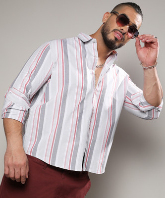 Instafab Plus Men Striped Casual White, Grey, Red Shirt