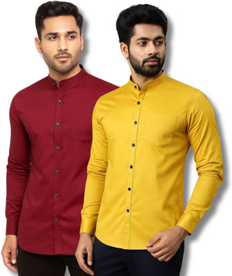 ClothTheory Men Solid Casual Maroon, Yellow Shirt(Pack of 2)