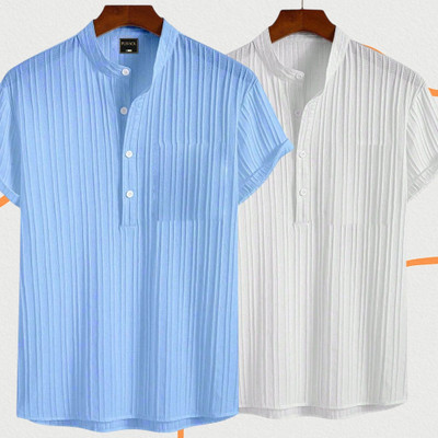 Looksky Men Self Design Casual Light Blue, White Shirt(Pack of 2)