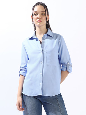 High Star Women Solid Casual Blue Shirt