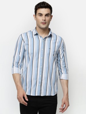 allan peter Men Striped Casual Light Blue, White, Black Shirt