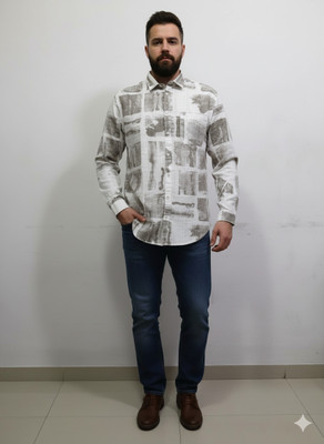 Burly Bloke Men Printed Casual White, Grey Shirt