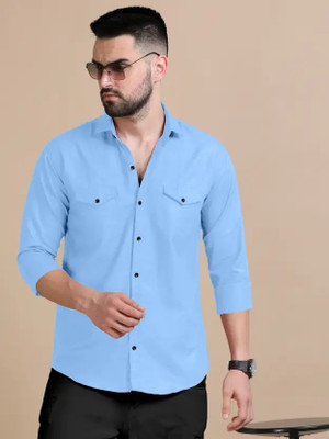 VSTRR THE INDIAN TOUCH Men Solid Casual Light Blue Shirt
