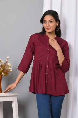 VYMO Women Solid Casual Maroon Shirt