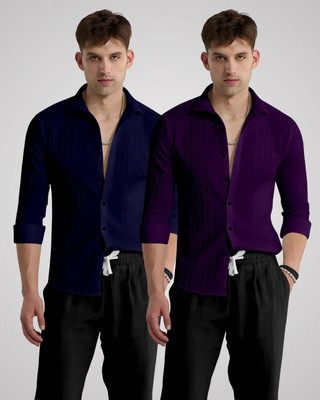 kruze Men Self Design Casual Dark Blue, Purple Shirt(Pack of 2)
