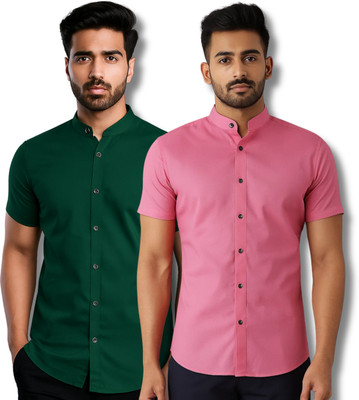 ModeNex Men Solid Casual Green, Pink Shirt(Pack of 2)