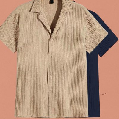 Jenil Fashion Men Solid Casual Cream, Dark Blue Shirt(Pack of 2)