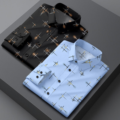 SHUBHFLAX Men Printed Formal Black, Light Blue Shirt(Pack of 2)