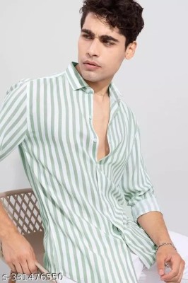 REMKTO Men Striped Casual White, Light Green Shirt