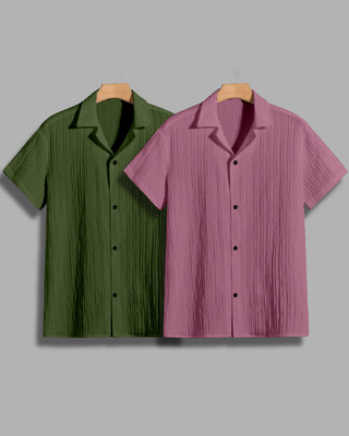 House of Vinay Men Self Design Casual Green, Pink Shirt(Pack of 2)