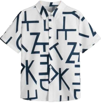 ROAMIES Boys Printed Casual White, Blue Shirt