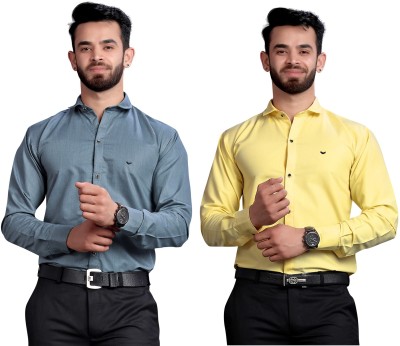 GETCHI Men Solid Formal Grey, Yellow Shirt(Pack of 2)