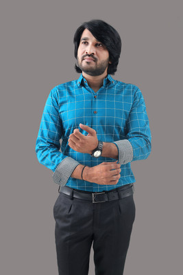 VTEXX Men Checkered Formal Light Blue Shirt