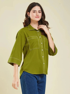 J TURRITOPSIS Women Solid Casual Green Shirt