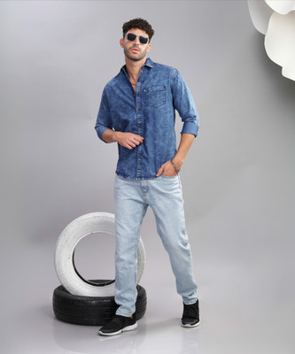 AIDAN PAUL Men Washed Casual Blue Shirt