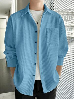 K J Enterprise Men Self Design Casual Light Blue Shirt