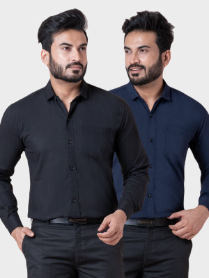BONCUE Men Solid Formal Black, Dark Blue Shirt(Pack of 2)