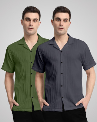 VK Couture Men Self Design Casual Green, Grey Shirt(Pack of 2)