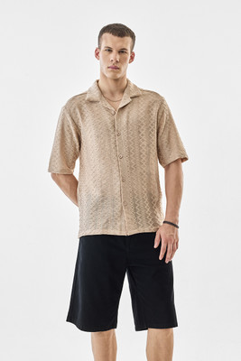 Snitch Men Self Design Casual Beige Shirt