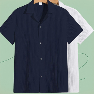 Looksky Men Self Design Casual Dark Blue, White Shirt
