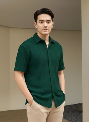 Leriya Fashion Men Self Design Casual Green Shirt