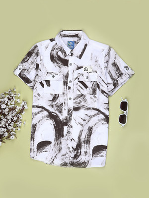 V-MART Boys Printed Casual Brown, White Shirt