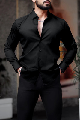 TIBAKKDI Men Solid Formal Black Shirt