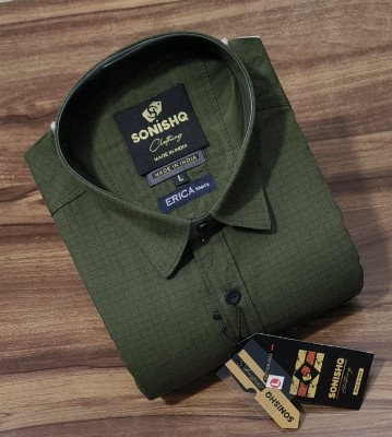 SONISHQ Men Checkered Casual Dark Green Shirt