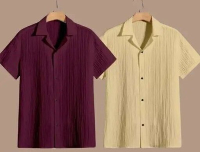 VRLOOKS Men Self Design Casual Maroon, Beige Shirt(Pack of 2)